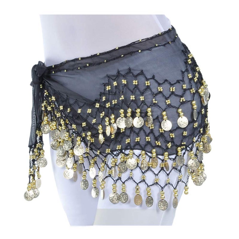 Lauthen.S 128 Coins Belly Dance Hip Scarf Tribal Belt Halloween Genie Costume Accessory Black - Image 2